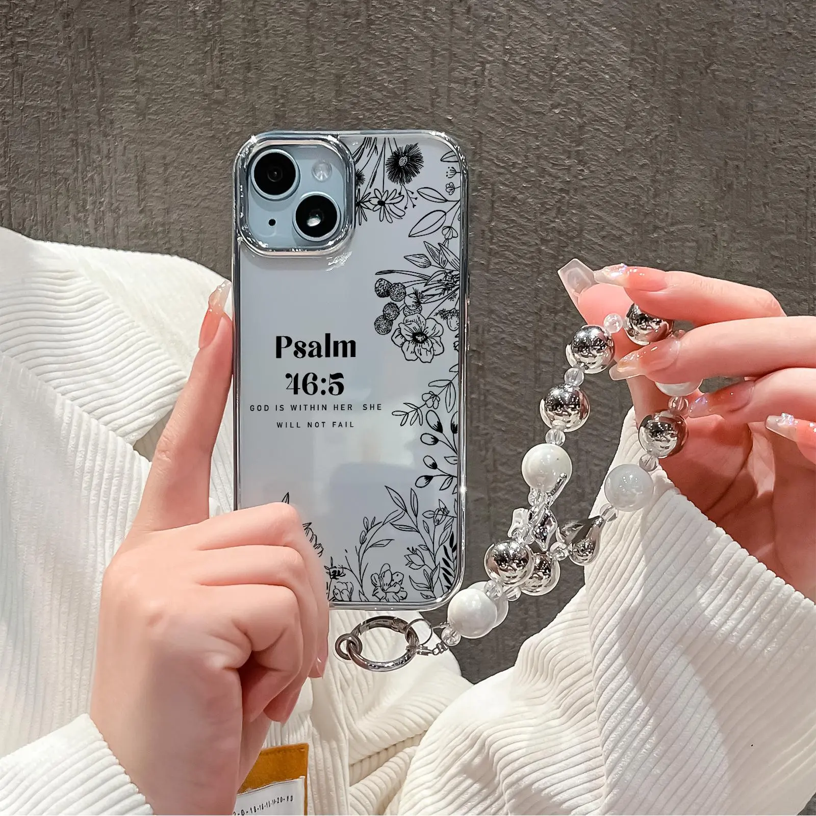Floral Pattern Phone Case with Beaded Chain, Anti-drop Cellphone Protective Case, Shockproof Mobile Phone Cover for iPhone 11 12 13 14 15 16 Pro Max