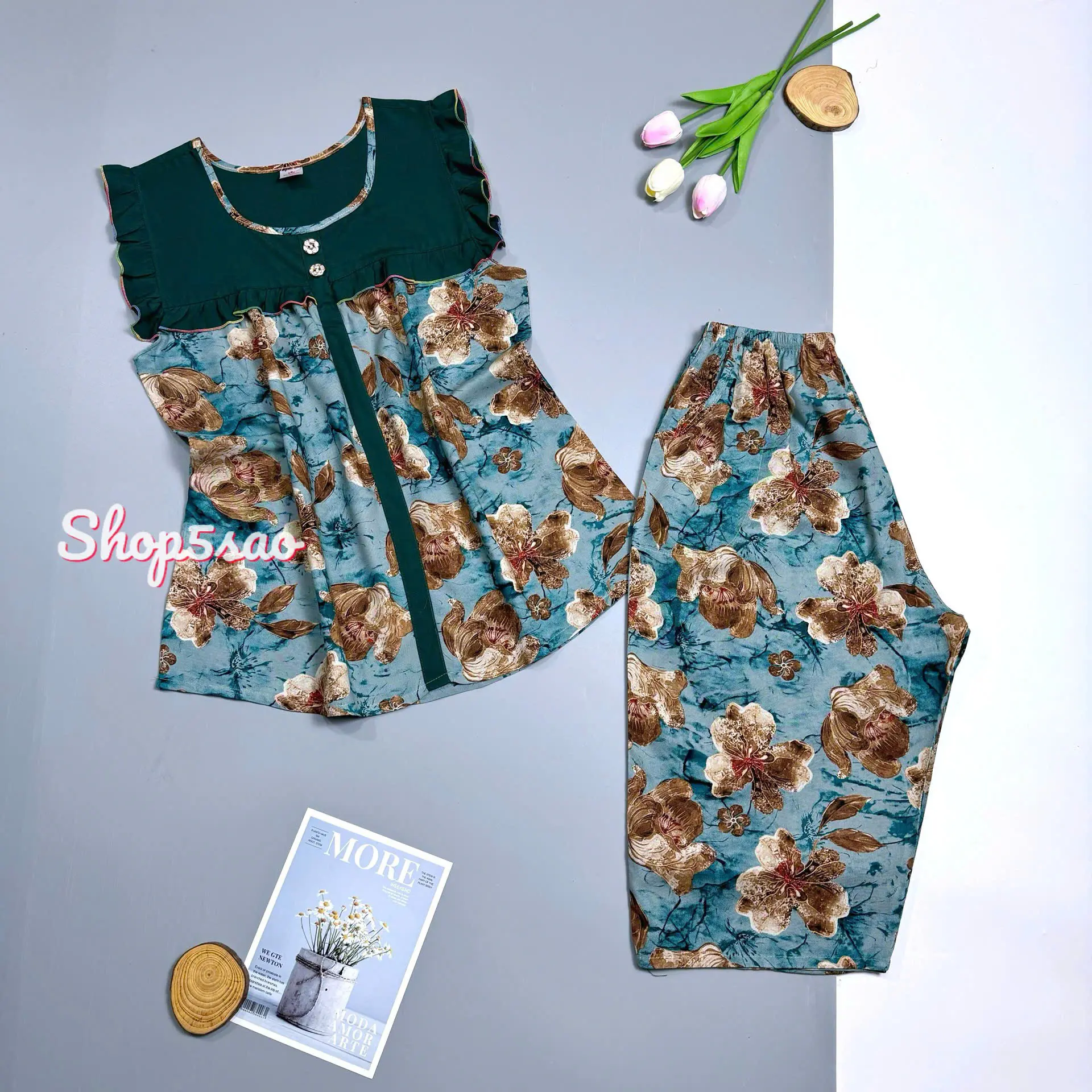 Bộ lanh mặc nhà, đồ bộ tole lanh trung niên SHOP5SAO quần lửng, áo phối màu [CÓ BIGSIZE] (55-80kg) Nữ Women