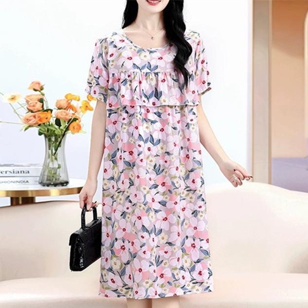 Strictly Selected Printed Artificial Cotton Nightdress Women's Summer High-Grade Ice Silk Skirt Thin Short Sleeve Pajamas plus Size A- line Dress 0