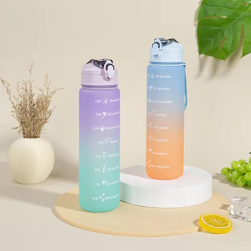 Product Introduction of Bình Nước 900ml  Bình Màu Cầu Vồng Cute Cỡ Có Ống Hút, Vạch Chia Nhắc Giờ 1
