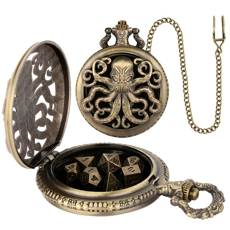 Product Introduction of Steampunk Octopus Design Pocket Watch Case with Dice Set, 1 Set Vintage Design Dice Set with Gift Box, Role Playing Board Game Accessories, Men's Gift 5