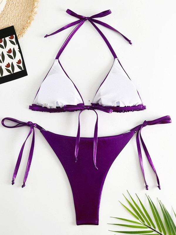 Two-Piece Set Women's Tie Back Halter Bikini Swimsuit, Glitter Fabric Triangle Bra & Tie Side Panty Swimwear for Beach Party Vacation, Women's Swimsuit Sets for Summer, Bathing Suits Bikini Set 2024 for Women 5