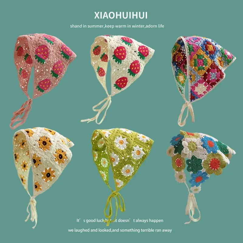 Spring/Autumn Japanese & Korean Style Triangle Headscarf Set - Dopamine Pattern Hair Bandana with Cute Girly Hair Scrunchies, Viral Trendy Hat & Boho Hair Accessories