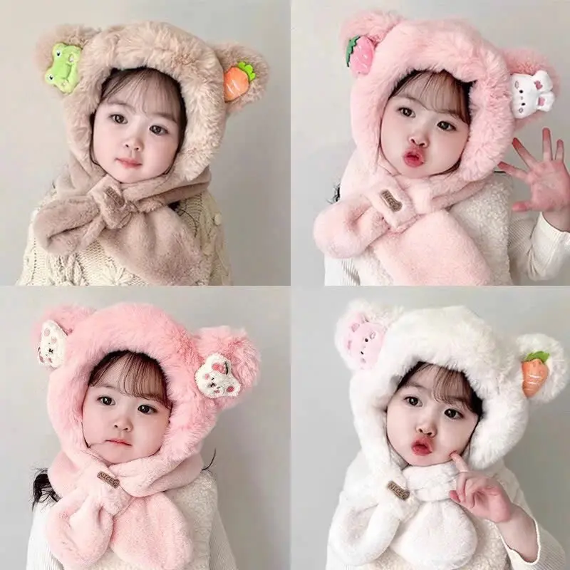 ￼Mũ kèm khăn cho bé 2-6tuổi tai củ quả - động vật dễ thương giữ ấm mùa đông Kem Voi Nón Hat đi du lịch đồ họa 4