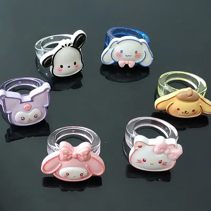Kuromi Cinnamoroll Melody-Nhẫn Acrylic Trong Suốt, Dễ Thương, Hoạt Hình, Kim Loại, Quà Tặng Cho Bé Gái