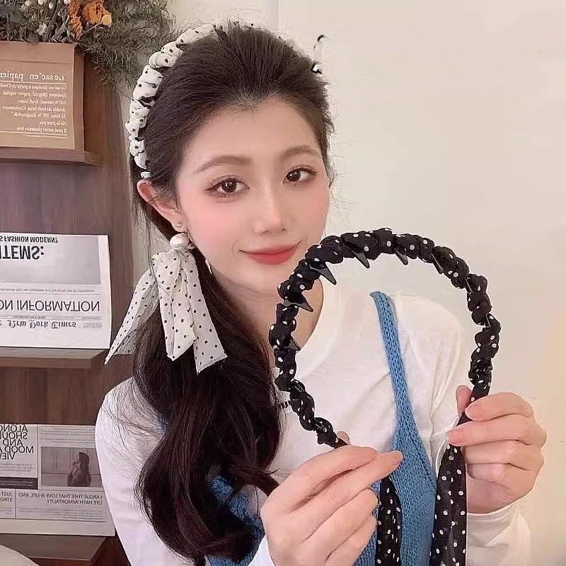 Băng Đô Tóc Bện Thiết Kế Chấm Bi Dành Cho Nữ Phong Cách Hàn Quốc Băng Đô Tua Rua Băng Đô Gội Đầu Có Răng Chống Trượt Kẹp Tóc, Phụ Kiện Cài Tóc 1