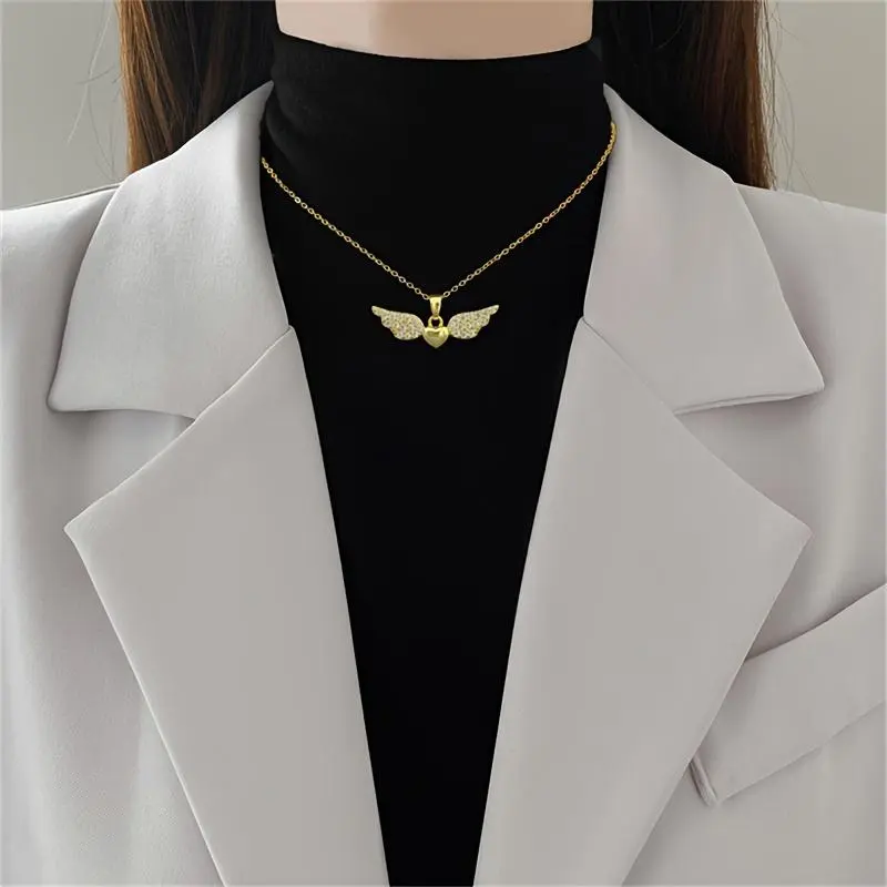 [1pc Heart Shaped Angel Wing Pendant Necklace] Fashion Necklace with Synthetic Cubic Zirconia, Copper, Stainless Steel Chain, for Women, Suitable Over 15 Years Old, Birthday Party Gift mother's day gift 6
