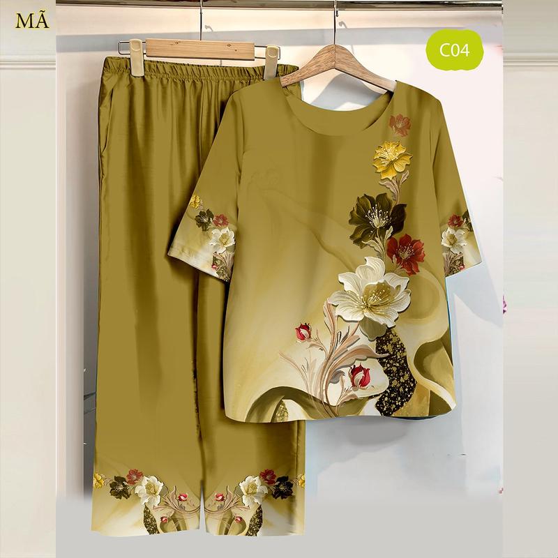 Đồ bộ in hoa trung tuổi nữ mặc nhà, nhiều màu, nhiều hoạ tiết nổi bật Women Quần Ngủ Áo Ngủ Pijama 3