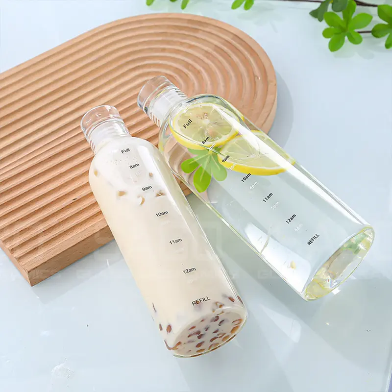 Bình Nước Thủy Tinh Chịu Nhiệt In Vạch Chia Vạch Giờ Cao Cấp 500ml , 750ml | Nắp Thủy Tinh 1