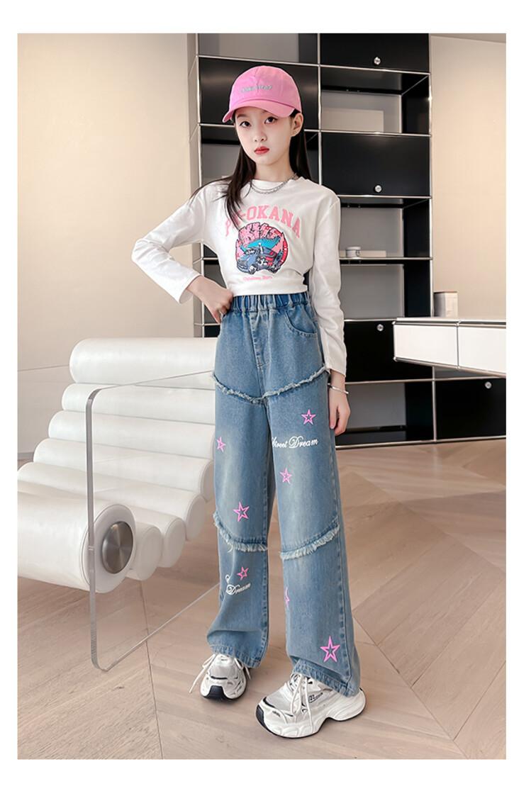 Product Introduction of กางเกงยีนส์เด็กผู้หญิง แฟชั่นฤดูใบไม้ผลิและฤดูใบไม้ร่วงใหม่ สำหรับเด็กหญิงตัวเล็กและสาววัยรุ่น ทรงตรงและหลวม กางเกงขากว้าง ทรงหลวมและทรงสลิม พิมพ์ลาย 5