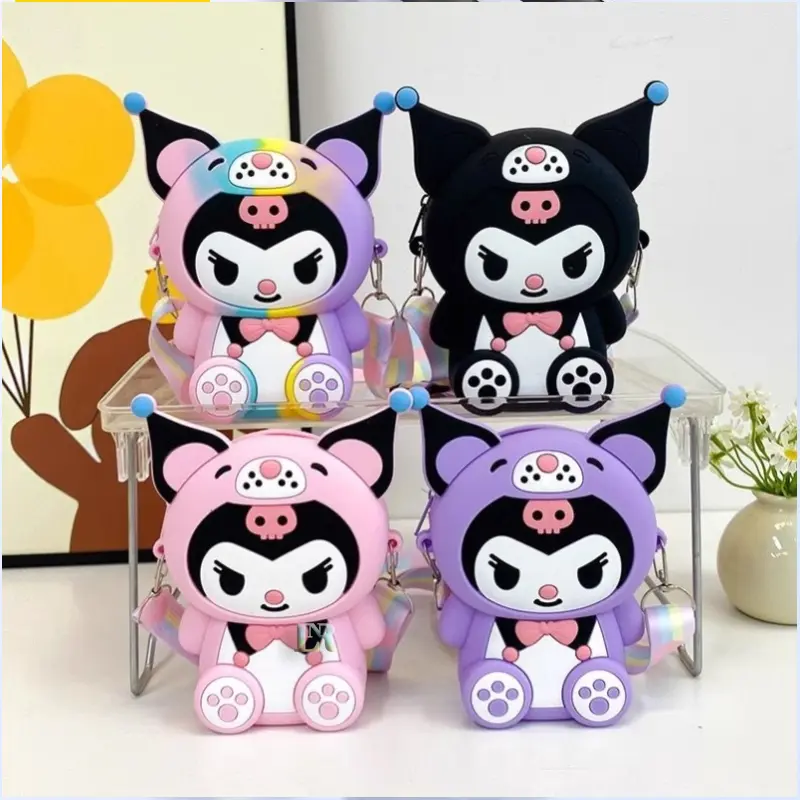 LNR Shop Tas Selempang Resleting Silicone 3D Anak Anak Lucu Motif Sanrio Kumori Dompet Koin Kecil Trendy Dengan Tali Panjang yang bisa Disesuaikan Kartun Pink Purple Rainbow Black Melody Hello Kitty Silikon