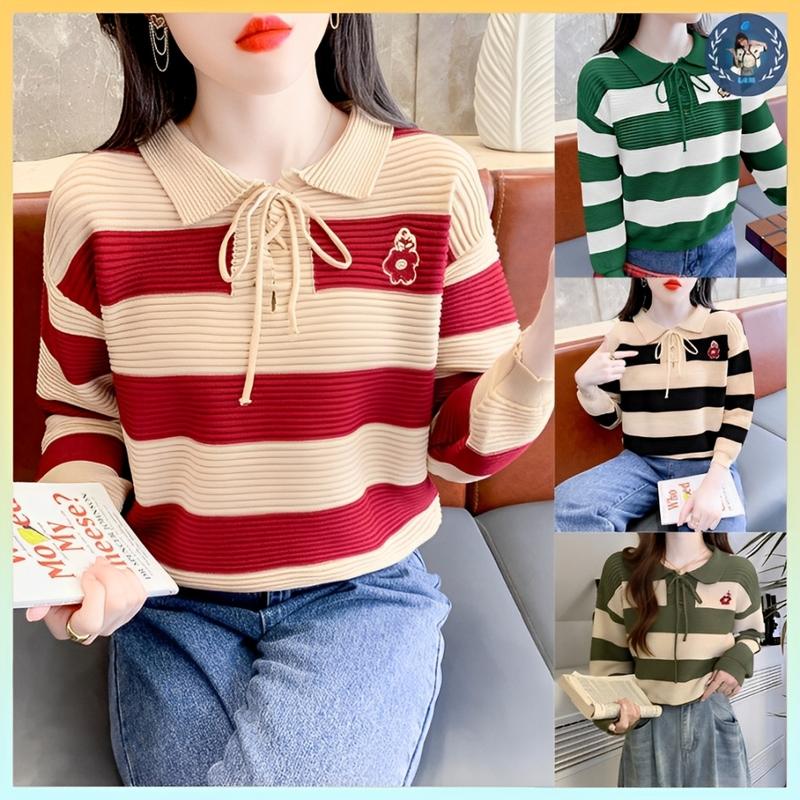 💥[A096] Áo len thun nữ Montoghi hàng dệt kim cổ áo POLO kẻ sọc retro có DÂY RÚT CỔ và LOGO HOA đơn giản trẻ trung - L2M (Top nữ Women Nhung ) 【 hoa hồng 】 1