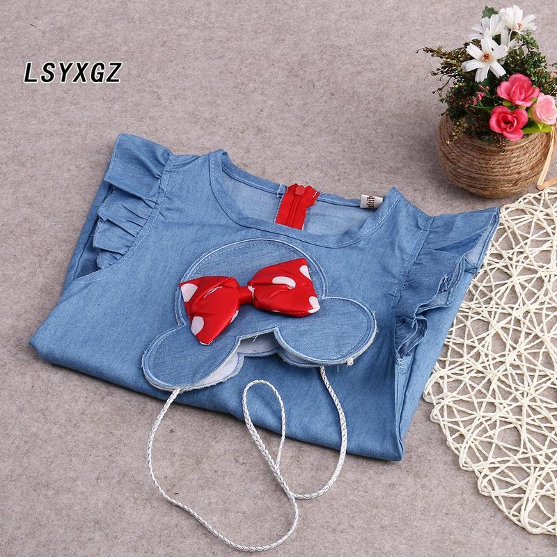 Baby Girl Summer Flying Sleeve Denim Dress Bow with Mouse Bag Dresses 7