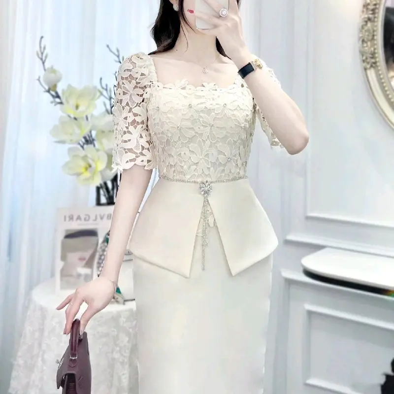 V5317 Đầm Ren Thiết Kế Đính Tag Đá Sang Trọng Mặc Đi Tiệc Đi Làm DVC 0
