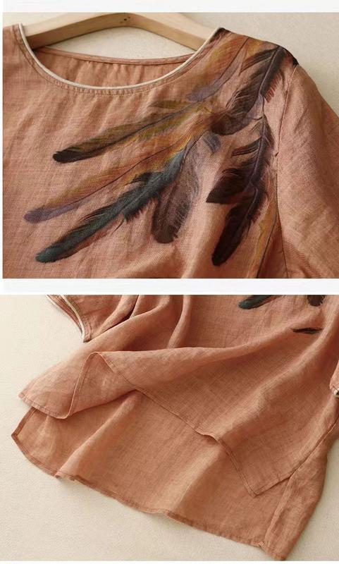Product Introduction of Cotton and linen top retro art floral print summer New loose round neck breathable versatile thin short sleeve t-shirt 13