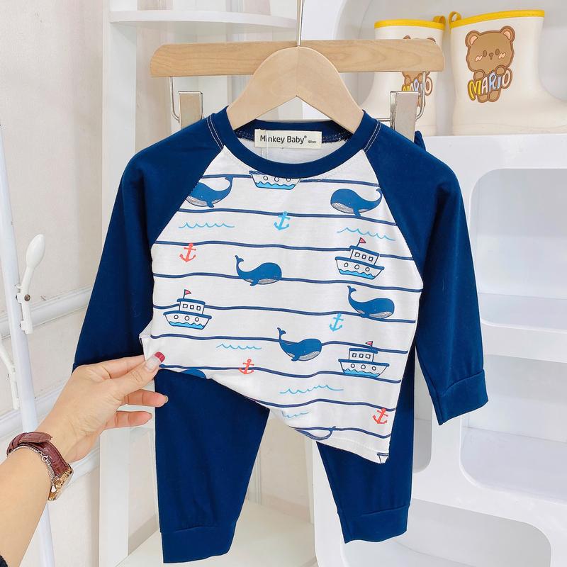Đồ bộ thun lạnh tay dài quần dài cho bé trai bé gái (8-24kg), vải mềm mịn, thoáng khí, cho bé mặc ngủ thoải mái. 4