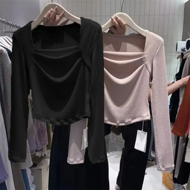 Áo Thun Phong Cách Hàn Quốc, Cổ Vuông Màu Trơn Để Lộ Xương Đòn, Ôm Sát, Chải, Áo Dưới