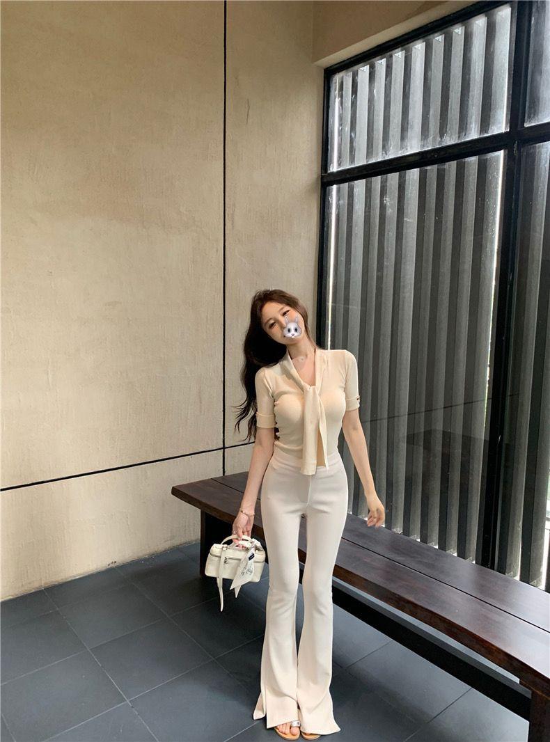 Product Introduction of CQ-Korean Style Ribbon  Short-Sleeved Knitted T-shirt Women's Summer Waist Elegant Slightly Mature Style Chic Blue Top SS24 [1470] 22