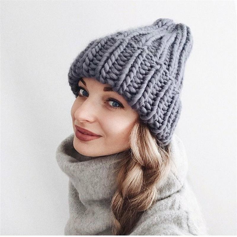 Product Introduction of Winter Knitted Beanies Hat Thick Soft Warm Coarse Large Knitted Solid Hat Female Ice Ski Bonnet Skullies Beanies Hat Cap 12