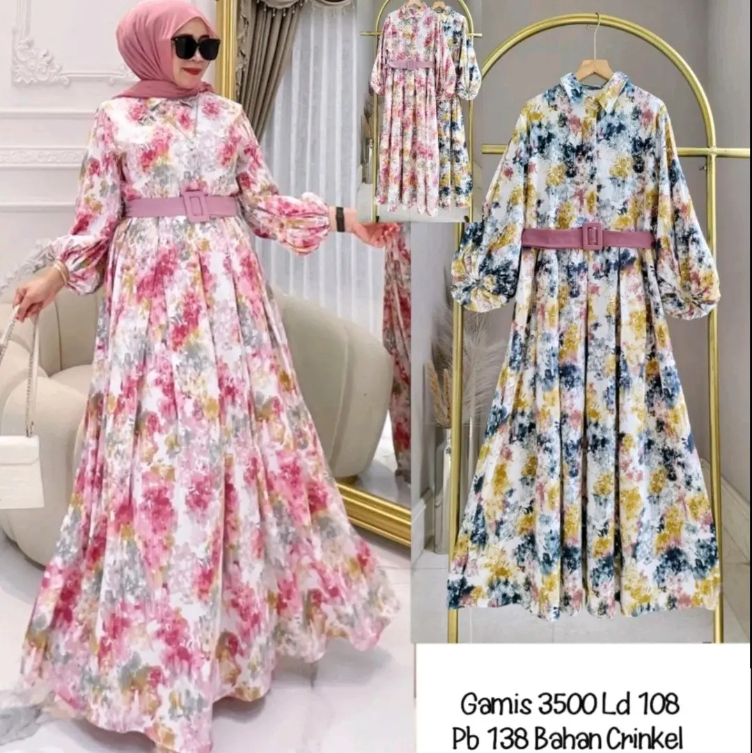 dress wanita muslim motif free belt Gamis Crinkle