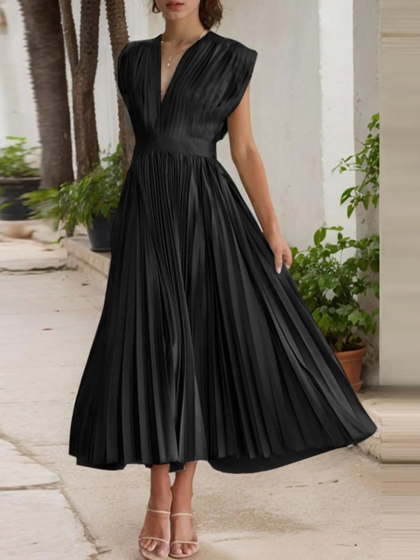 Women's Plain V Neck  Dress, Elegant Sleeveless A Line Dress for Party Club Dating Wear, Ladies Clothes for All Seasons
