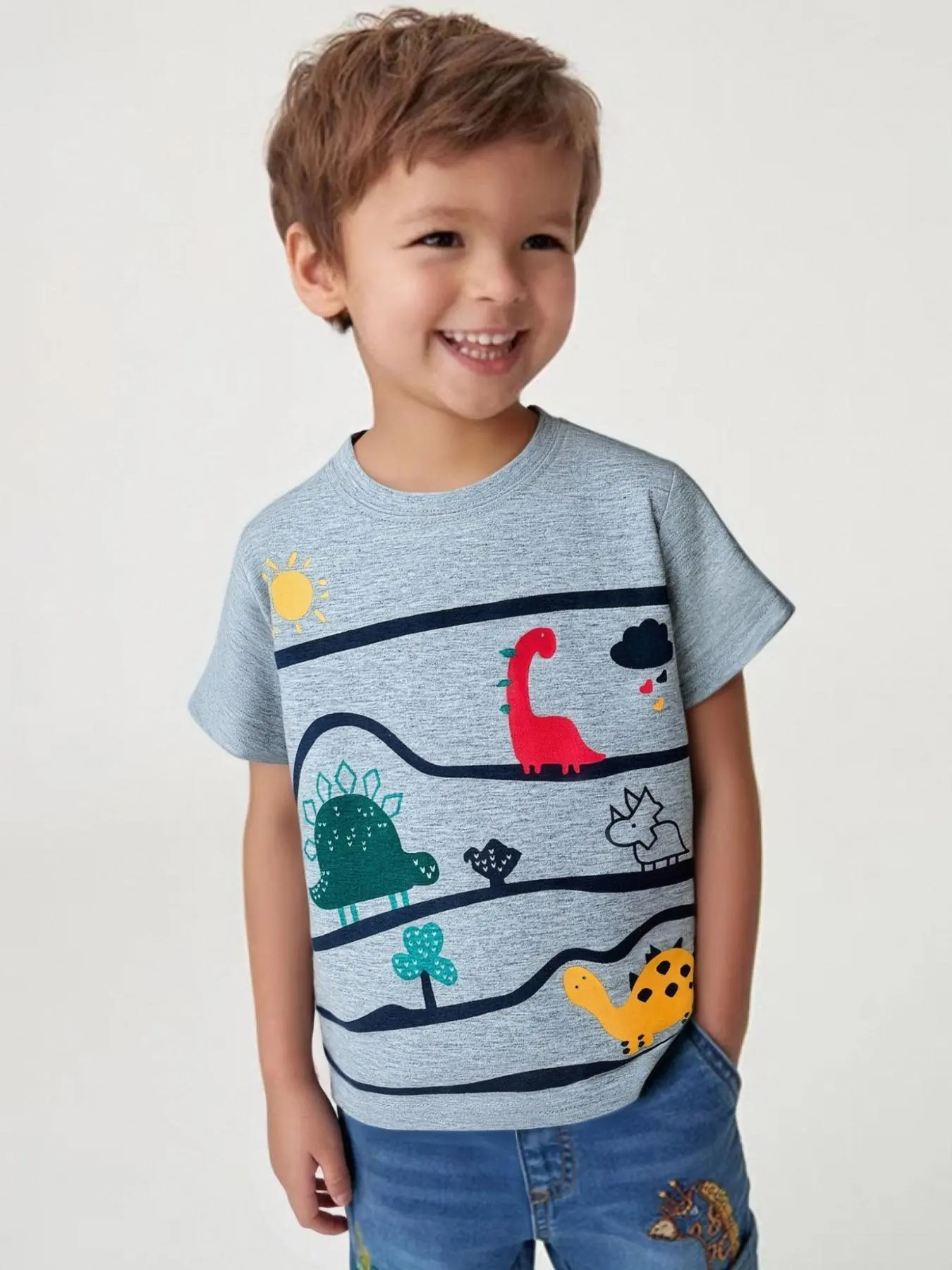 Toddler Boy's Dinosaur Print Round Neck Tee, Casual Short Sleeve Crew Neck T-Shirt for Daily Wear, Kids Clothing for All Seasons