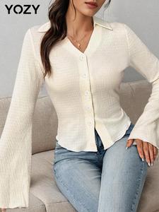 YOZY Women's Plain Flounce Sleeve Button Front Cardigan, Casual Long Sleeve Collared Cardigan for Fall & Winter, Fashion Ladies' Knit Clothing for Daily Wear