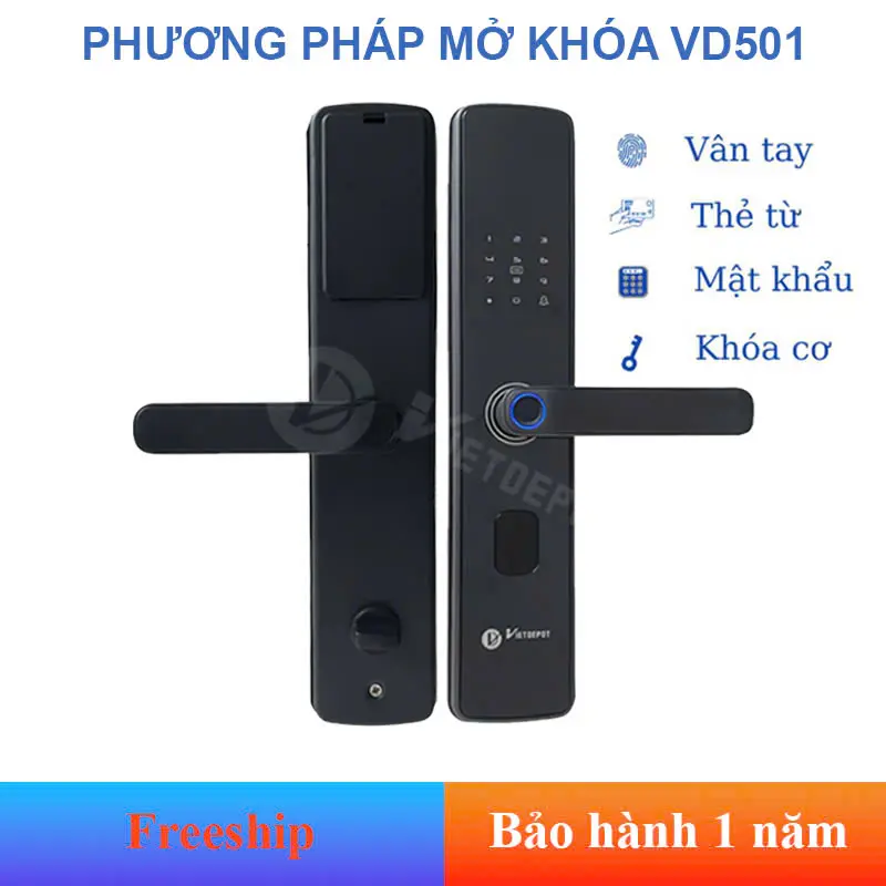 Khóa cửa thẻ từ thông minh Viet Depot VD5011. Mở khóa bằng  Vân tay, Thẻ từ, Mật khẩu, Khóa cơ, dùng cho Cửa Gỗ, Nhựa, Sắt, Cửa chung cư, Cửa chống cháy, Cửa căn hộ cho thuê-KHÔNG dùng cho cửa nhôm