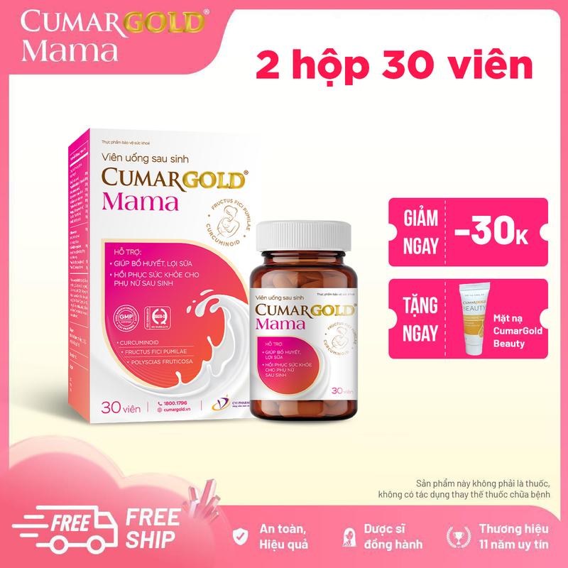 COMBO 2 hộp CumarGold Mama 30v - Viên uống hỗ trợ lợi sữa, bổ huyết và tăng cường sức khoẻ cho Mẹ mới sinh con - 2 CMS01