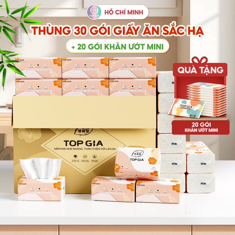 (DEAL LIVE TẶNG 20 KHĂN ƯỚT MINI) Mua 1 Thùng 30 Gói Giấy Ăn Topgia Sắc Hạ TẶNG 2 Bịch 10 Gói Khăn ướt mini, khăn giấy cao cấp thành phần bột gỗ tự nhiên 4 lớp Dập Vân 4D, Giấy rút lụa Giấy vệ sinh ĐẠT QUY CHUẨN CỦA BỘ CÔNG THƯƠNG  TG86