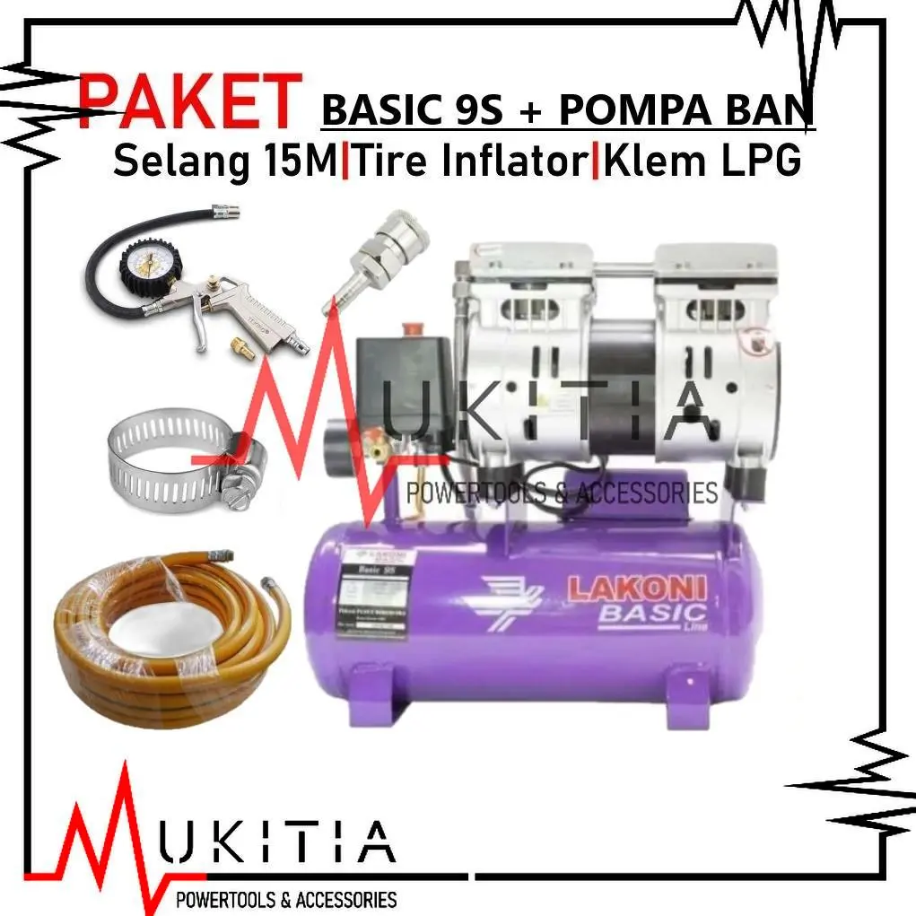Kompresor Angin Tanpa Oli 3/4 HP LAKONI BASIC 9S Compressor Oilless ...