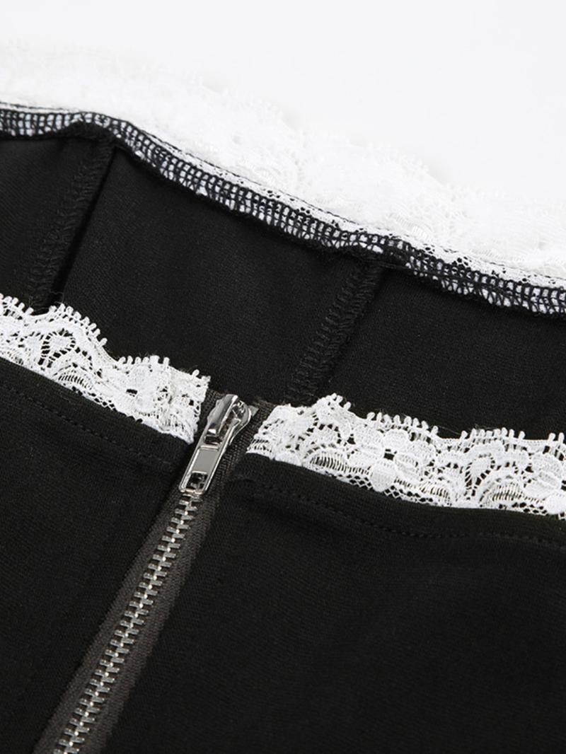 Product Introduction of Women's Contrast Lace Frill Trim  Zipper Back Crop Tube Top, Y2k Fashion Casual Strapless Bustier Top for Daily Outdoor Wear, Women Top Clothes for Summer 8