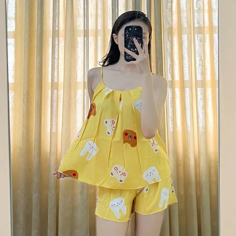Đồ ngủ nữ - bộ ngủ 2 dây xếp ly quần đùi vải Lụa hàn mềm mịn mát size 40-58kg tùy chiều cao Khuy Nhung Áo Voi 1