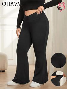 CURVZY Plus Size Solid Ruched Flare Leg Pants, Casual Comfy Bell Bottom Trousers for Daily Wear, Women's Bottoms for All Seasons