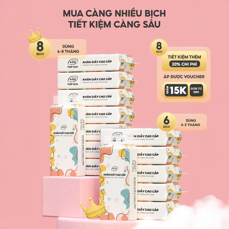 Thùng 8 bịch khăn giấy treo tường Top Gia đa sắc làm từ 100% bột gỗ nguyên sinh 5