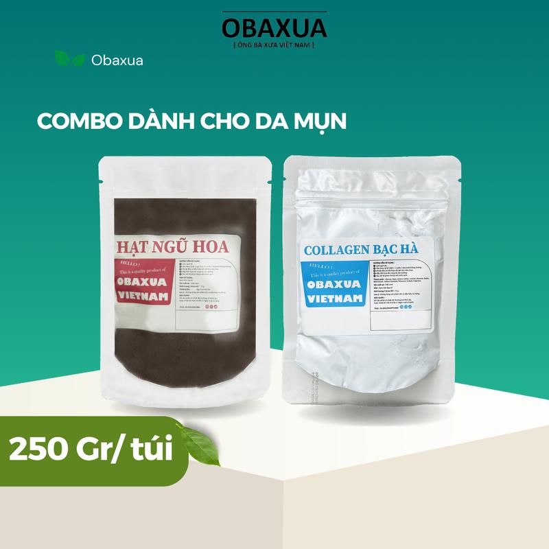 Combo 2 túi bột [ Ngũ hoa hạt 250gr, Dẻo Colagen bạc hà 250gr ] ( 250G/túi) - Mặt nạ đắp mặt Obaxua , Dành cho da mụn
