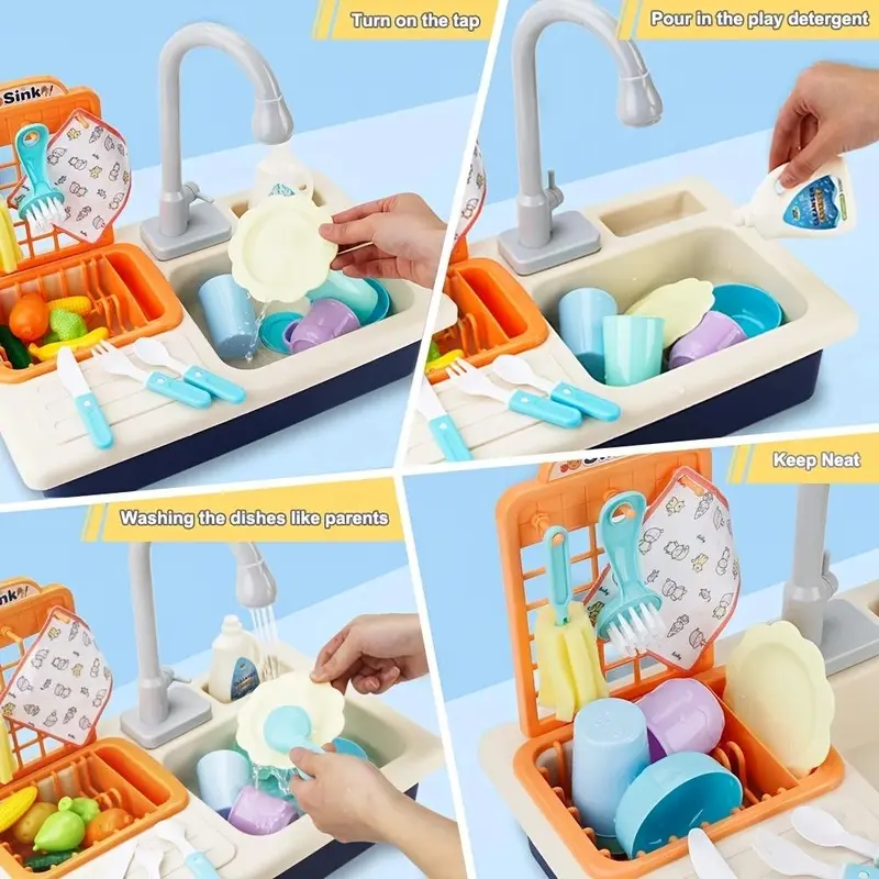 Pretend Play Kitchen Sink Toy, 1 Set Dish Rack & Play Cutting Food, Kitchen Utensils Role Playing Toys, Creative Birthday Gifts 2