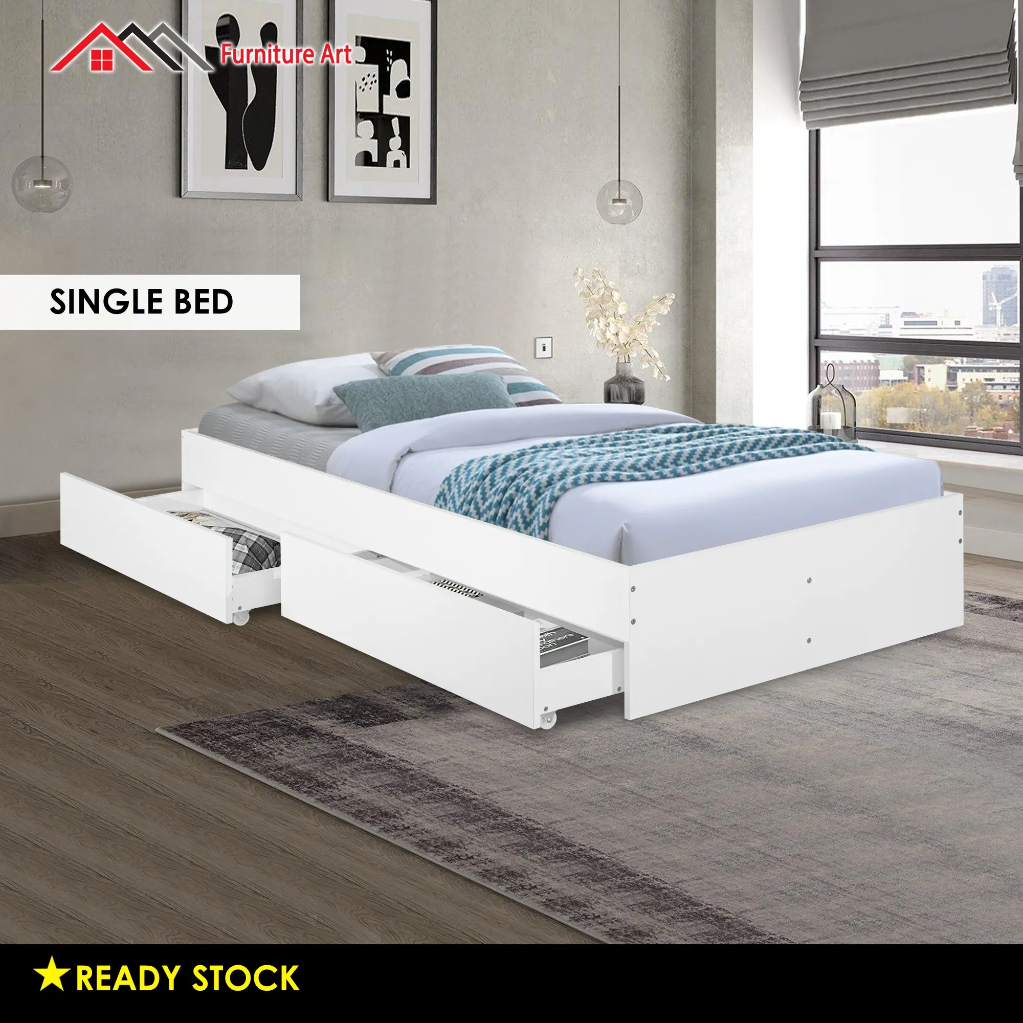 Furniture Art Single Bed Frame / Katil single / Katil Bujang /bed frame single / Katil Budak / Single Bed /Drawer Bed Minimalis
