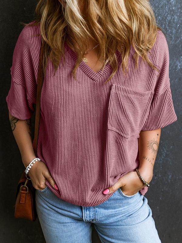 Women's Plain Textured Pocket V Neck Tee, Casual Minimalist Drop Shoulder Half Sleeve T-shirt for Summer, Ladies Clothes for Daily Wear, Cute Tops, Cute Tops, Tshirt, Womenswear 6