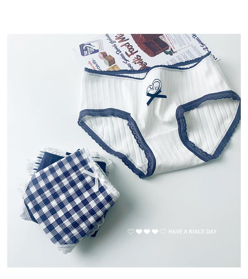 Product Introduction of Blue Pure Desire Series Pure Cotton Underwear for Women Japanese Lucky Navy Mid-Waist Full Cotton Crotch Student Party Triangle Shorts Plus Size 22