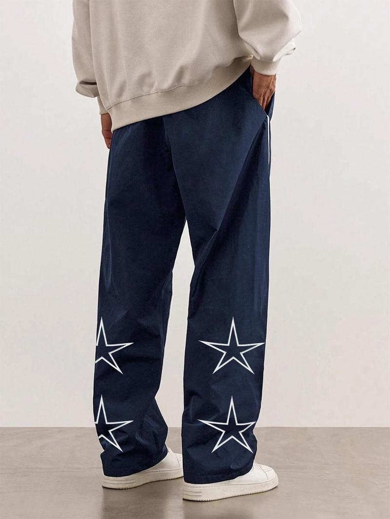 Product Introduction of Men's Loose Star Print Drawstring Waist Wide Leg Pants, Casual Pocket Trousers for Daily Wear, Woven Bottoms for All Seasons, Striped Trousers 19