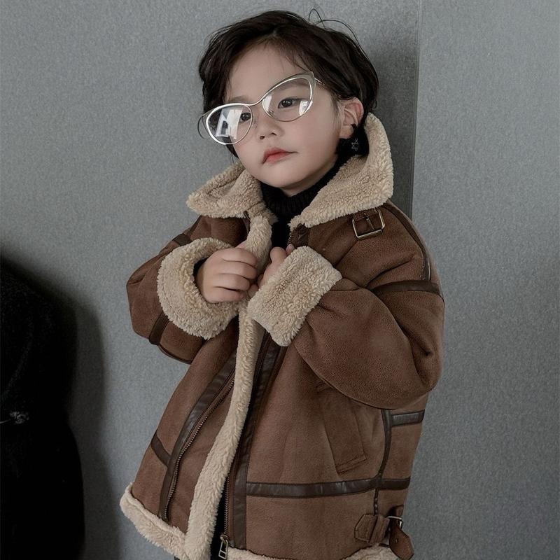 Áo khoác da mềm lót lông cừu ấm áp màu caffe sang trọng cho bé trai bé gái   form rộng   