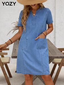 YOZY Women's Patch Pocket Dress, Casual Short Sleeve Notched Neck Dress for Summer, Women's Clothing for Daily Wear Everyday