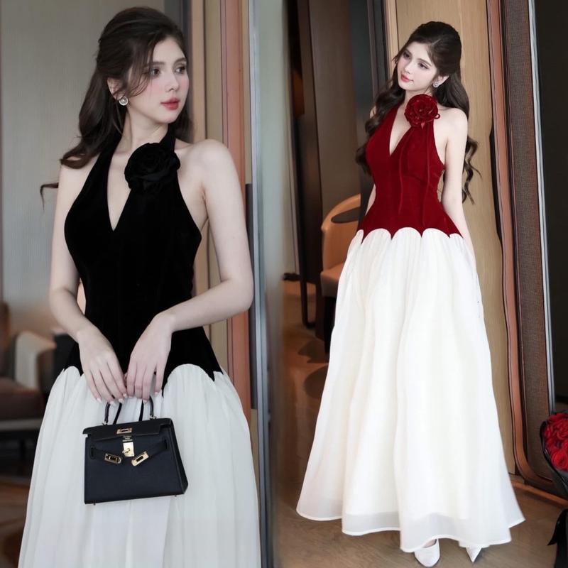 Đầm dự tiệc noel tết chất nhung phối tơ nến 2 lớp sẵn mút cho nữ - Women Nữ Dress vaytet Kem Voi Sen váy đỏ hở lưng vaynoel