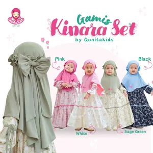 Qonita Kids - Gamis Kinara Set (0-10 Th + Satu Set Hijab) Gamis Rayon anak perempuan Baju Muslim Panjang Nyaman Motif  Syari