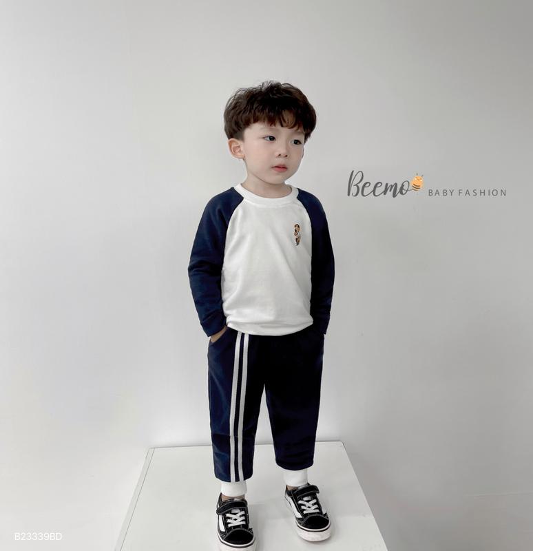 Set bộ quần áo Beemo dài tay cho bé trai phối raglan in hình gấu selfie vải nỉ da cá co giãn mặc thu đông B23339BD