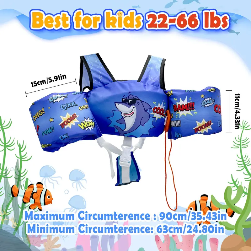 Cartoon Pattern Swim Vest, Removable Kids Swim Vest with Crotch Strap & Shoulder Harness Arm Wings, Swimming Accessories for Boys & Girls 7