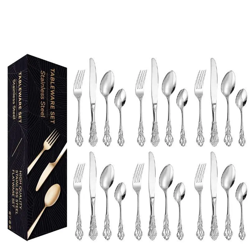 Stainless Steel Cutlery Set, 24pcs/set Including Knife, Fork & Spoon & Dessert Spoon, Household Tableware Set for Home Kitchen Dining Room 0