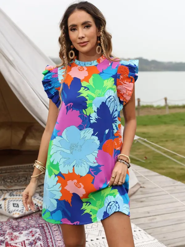 Women's Floral Print Frill Trim Shirred Ruffle Trim Dress, Casual Butterfly Sleeve Mock Neck Short Dress for Summer, Women's Clothing for Beach Holiday, Dresses for Women 3