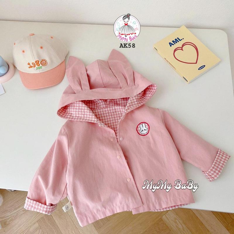 Áo khoác kate hồng tai thỏ và caro mặc được 2 kiểu rất tiện lợi họa tiết thêu MyMyBaBy AK58